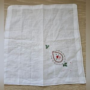 Vintage Christmas Handkerchief, Embroidered Holly & Bell Motif Holiday Accessory